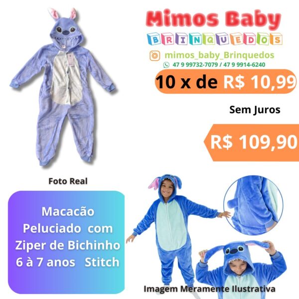 Macacão Peluciado  com Ziper de Bichinho 6 à 7 anos   Stitch