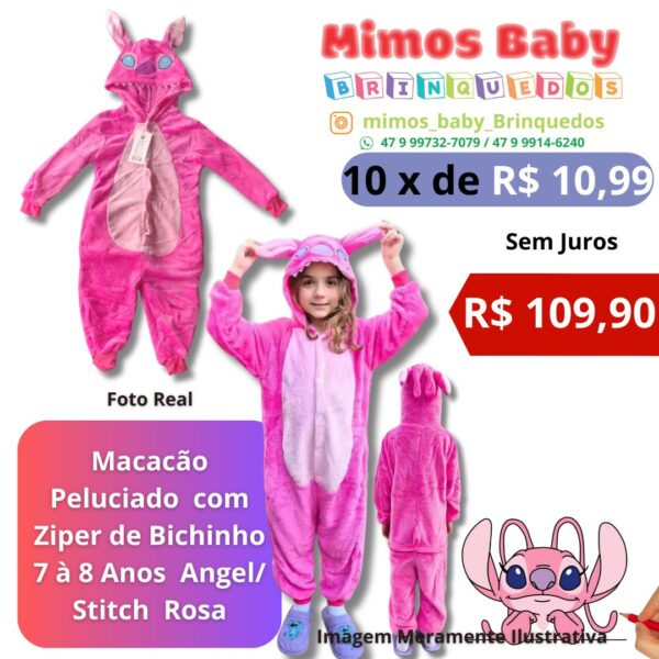 Macacão Peluciado  com Ziper de Bichinho 7 à 8 Anos  Angel/ Stitch  Rosa