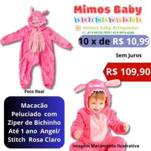 Macacão Peluciado  com Ziper de Bichinho Até 1 ano  Angel/ Stitch  Rosa Claro
