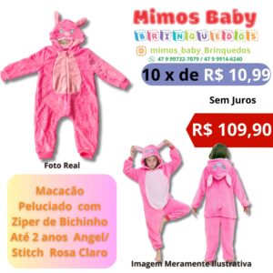 Macacão Peluciado  com Ziper de Bichinho Até 2 anos  Angel/ Stitch  Rosa Claro