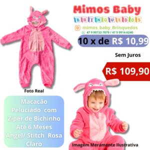 Macacão Peluciado  com Ziper de Bichinho Até 6 Meses   Angel/ Stitch  Rosa Claro