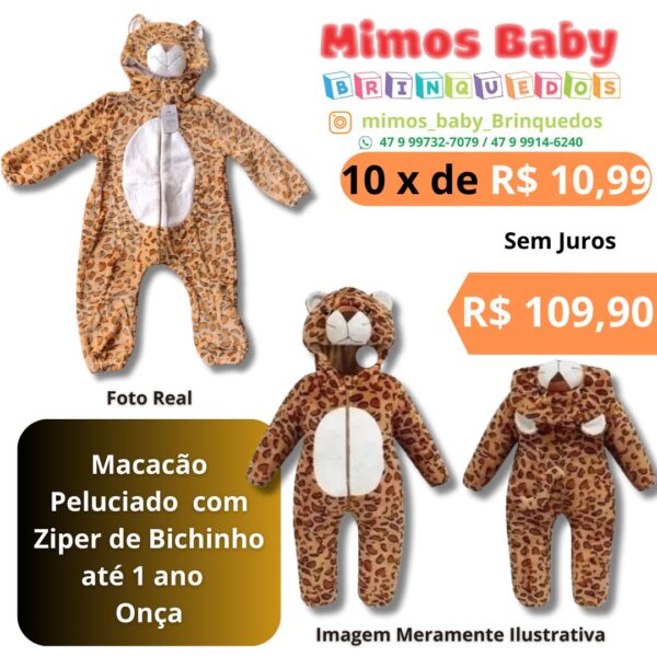 Macacão Peluciado  com Ziper de Bichinho até 1 ano   Onça