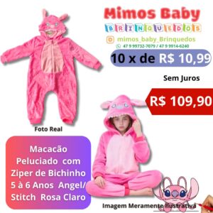 Macacão Peluciado  com Ziper de Bichinho 5 à 6 Anos  Angel/ Stitch  Rosa Claro