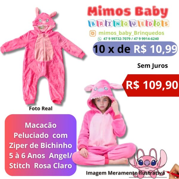 Macacão Peluciado  com Ziper de Bichinho 5 à 6 Anos  Angel/ Stitch  Rosa Claro