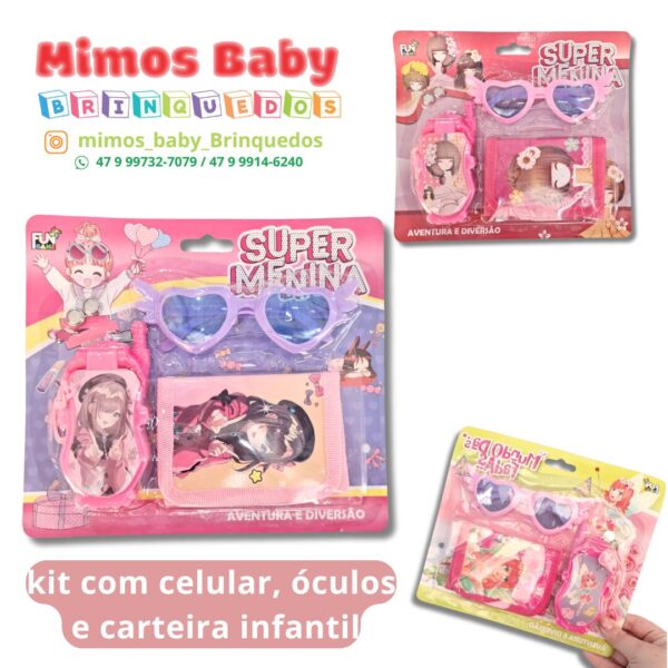 kit com celular, óculos e carteira infantil