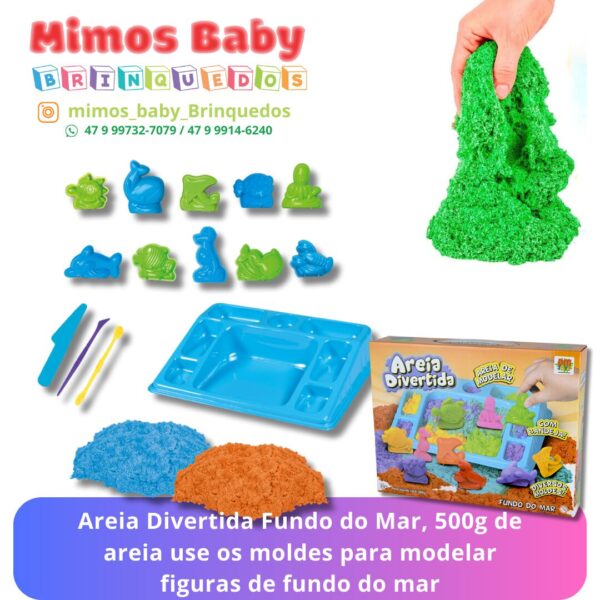 Areia Divertida Fundo do Mar, 500g de areia use os moldes para modelar figuras de fundo do mar