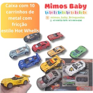 Caixa com 10 carrinhos de metal com fricção  estilo Hot Whells
