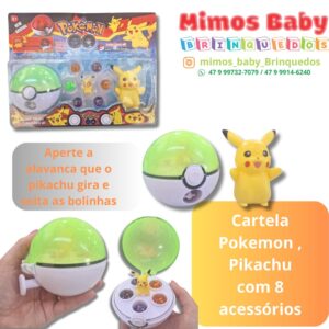 Cartela Personagem com Pokebola que gira a parte interna e libera as bolinhas com 8 acessórios