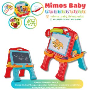 Quadro Divertido 3 em 1  discos de desenhos para projetar ilustração, lousa para canetinhas,   lousa para giz e réguas de desenho