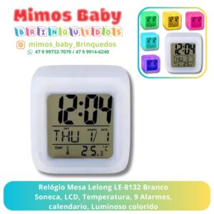 Relógio Mesa Lelong LE-8132 Branco Soneca, LCD, Temperatura, 9 Alarmes, calendario, Luminoso colorido