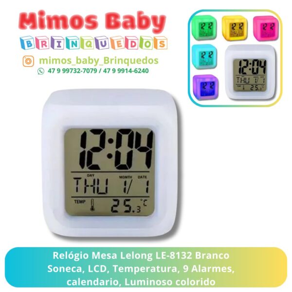 Relógio Mesa Lelong LE-8132 Branco Soneca, LCD, Temperatura, 9 Alarmes, calendario, Luminoso colorido