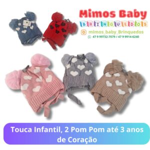Touca Infantil, 2 Pom Pom até 3 anos de Coração