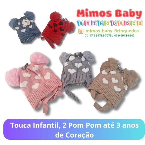 Touca Infantil, 2 Pom Pom até 3 anos de Coração