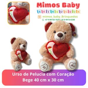 Urso de Pelucia com Coração Bege 40 cm x 30 cm
