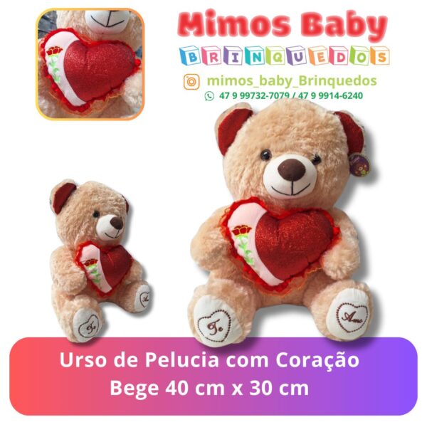 Urso de Pelucia com Coração Bege 40 cm x 30 cm
