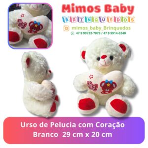 Urso de Pelucia com Coração Branco  29 cm x 20 cm