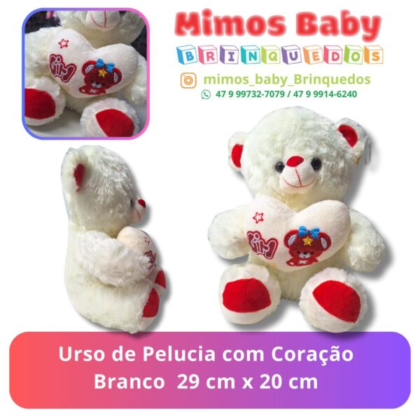 Urso de Pelucia com Coração Branco  29 cm x 20 cm