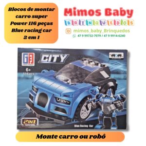 Blocos de montar carro super Power 116 peças Blue racing car 2 em 1 Monte carro ou robô