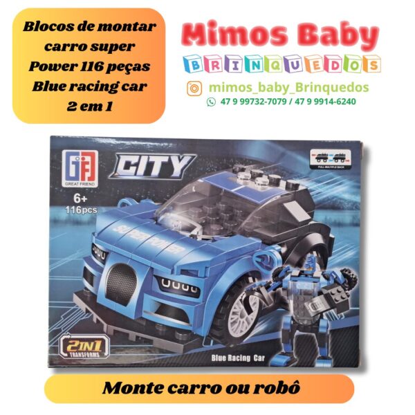 Blocos de montar carro super Power 116 peças Blue racing car 2 em 1 Monte carro ou robô