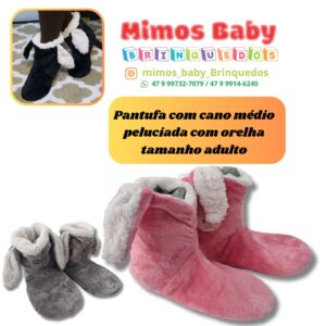 Pantufa com cano médio peluciada com orelha tamanho adulto